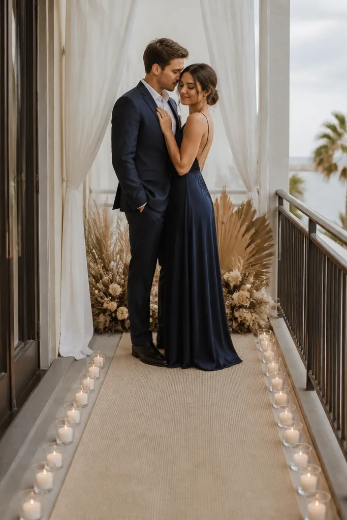 A narrow balcony with a single beige linen runner laid from the door outward. Along both edges are small white votive candles in glass holders, and a low bouquet of dried palm fronds sits at the far end. The couple stands at the back end, framed by sheer white curtains and a soft navy outfit palette.