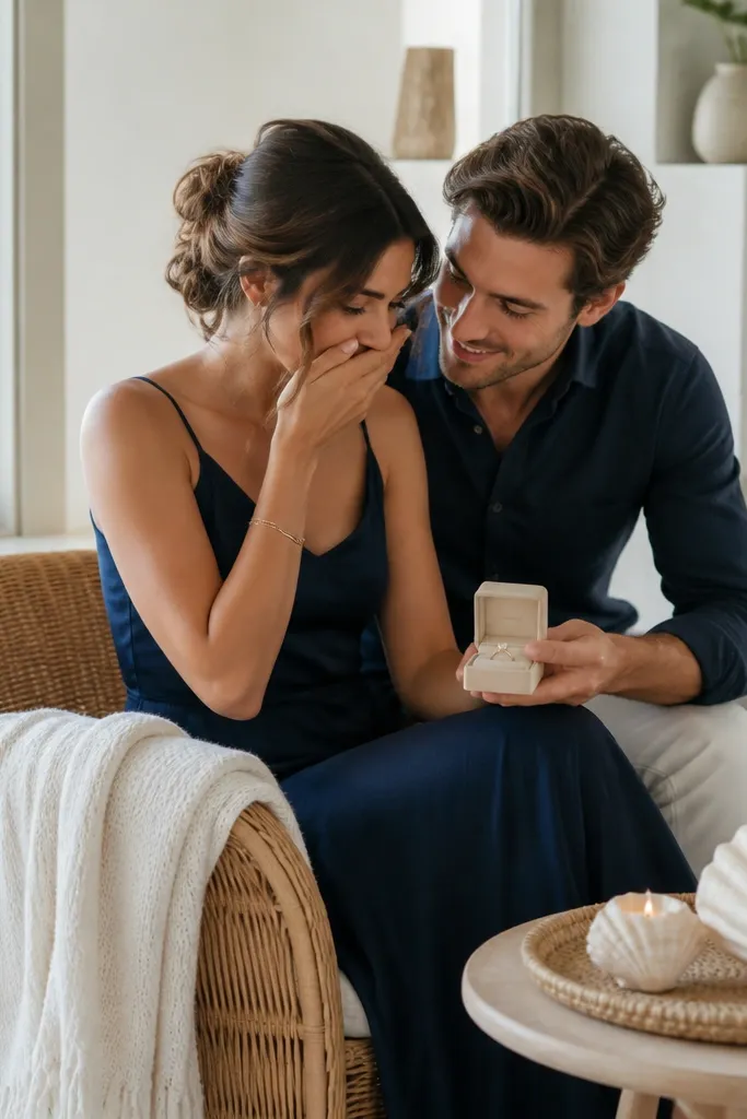 A compact living room corner with one rattan chair angled toward a window. A white throw blanket is draped over the chair arm, and a small tray with seashell candles sits on a side table. The couple sits close, with a sea-navy outfit palette and a champagne ring box on the tray.
