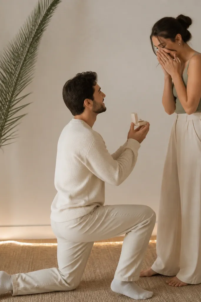 A living room with minimal decor: one tall palm frond arrangement in a slim vase near a blank wall. A single warm-white string light outlines the floor behind the couple. The couple wears cream and soft olive accents, with a champagne ring box held near the palm leaves.