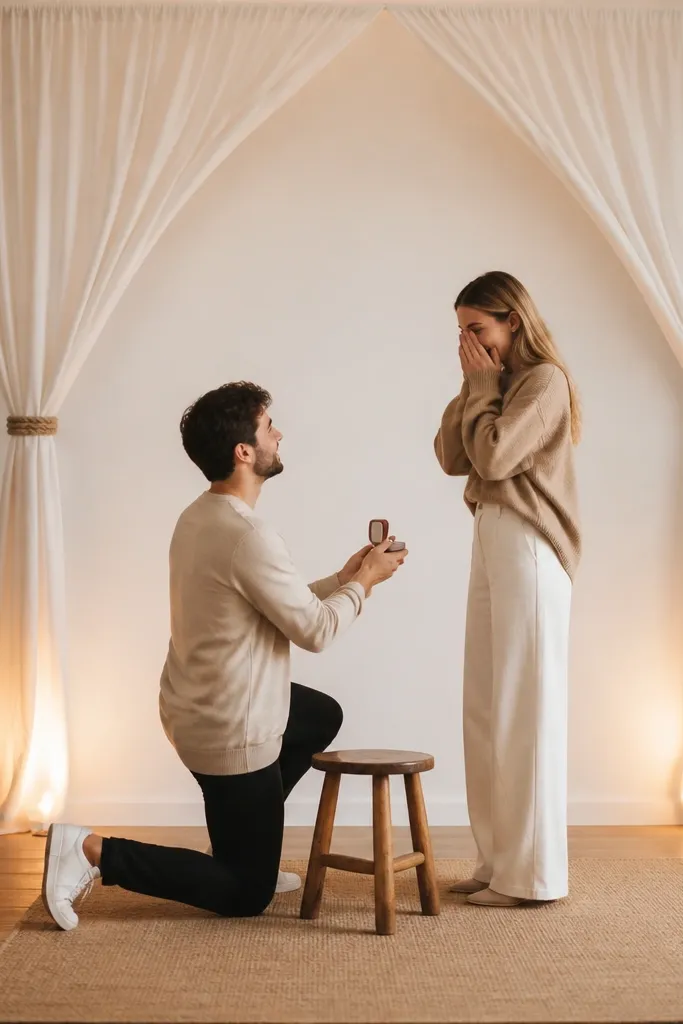 A living room with a blank wall behind the couple. A white curtain panel is tied with natural jute rope at two points to create a clean arch shape. Two small warm lights sit on the floor, and the ring box is placed on a small wooden stool.