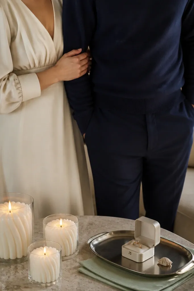A small corner of a living room with three white shell-shaped candles in glass. A small tray holds a ring box, and a pale green linen napkin sits under it. The couple stands close in cream and navy outfits, with warm light reflecting on the tray.