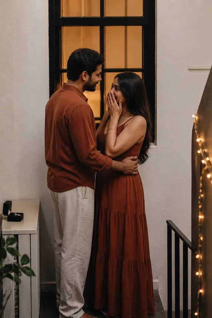 A narrow apartment stair landing with a simple bench or small ledge. Warm string lights outline the railing. The couple stands near a window with amber light, wearing terracotta and cream outfits, and a ring box sits on the ledge.