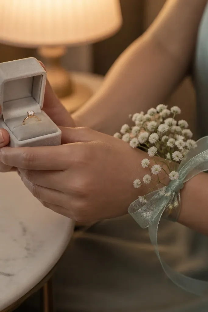 A close-up style setup near a small table. A sea-glass ribbon wrist corsage is tied to a wrist, with a tiny bouquet of white baby's breath and a single pale green ribbon. The ring box is held in the other hand, and the background shows warm lamp light.