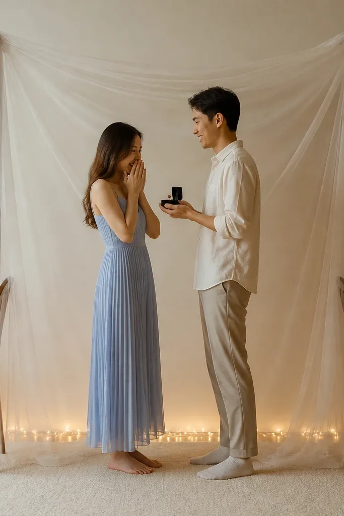 A small living room with a plain wall. A translucent white organza veil is stretched between two chair backs like a curtain frame. Warm fairy lights run along the floor edge. The couple stands centered in the veil frame, wearing cream and pale blue outfits, with a ring box held at chest height.