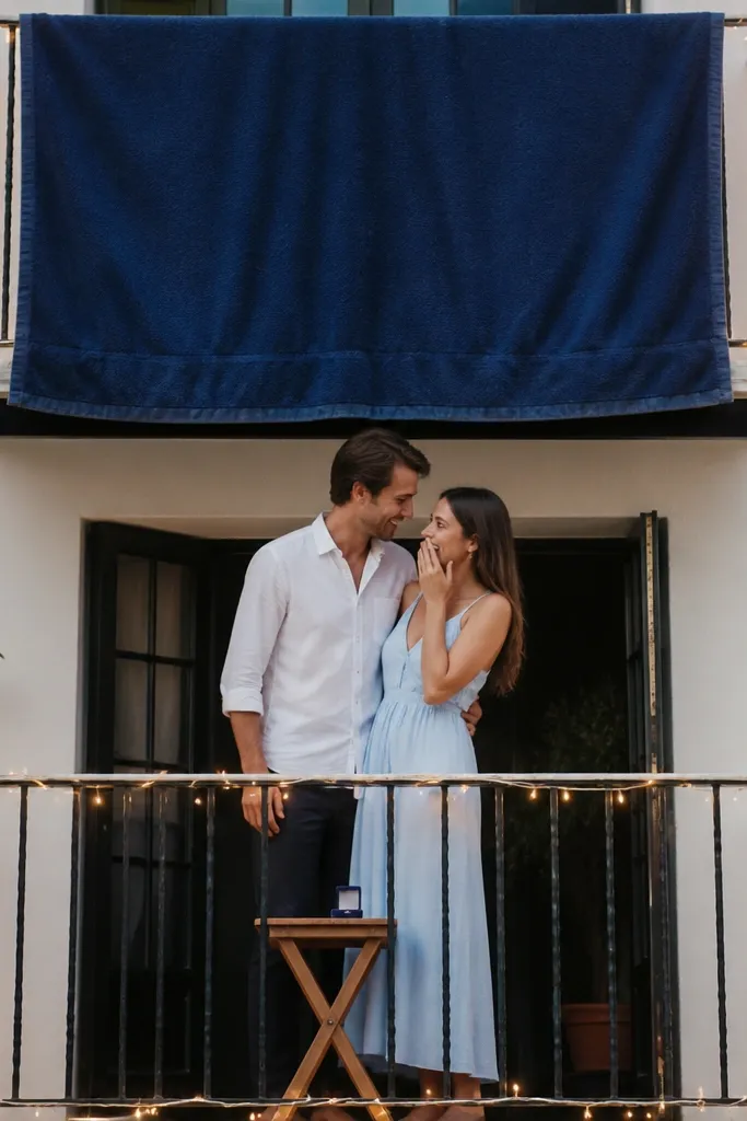 A small balcony with a sea-navy towel neatly hung over a balcony rail like a banner. White string lights wrap the rail edges. The couple stands under the towel, wearing white shirts and a light blue dress. The ring box sits on a small folding stool.
