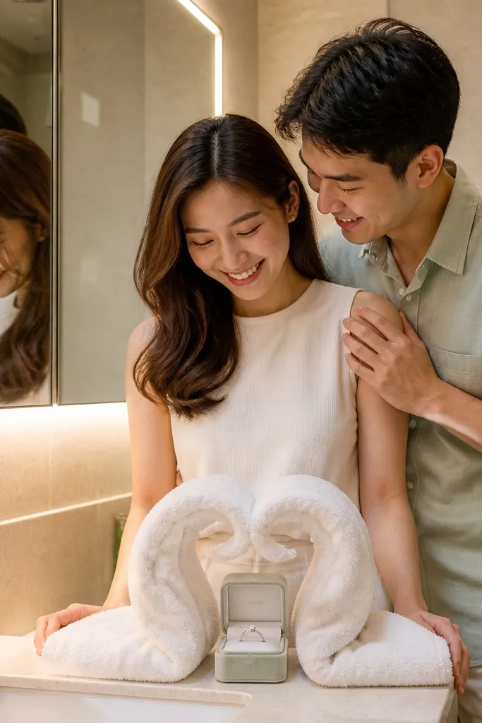 A compact bathroom with towels folded into an arch shape on the counter. A warm LED strip light runs under a mirror. The couple is posed by the sink, wearing white and pale green tones, with a ring box centered on the towel arch.