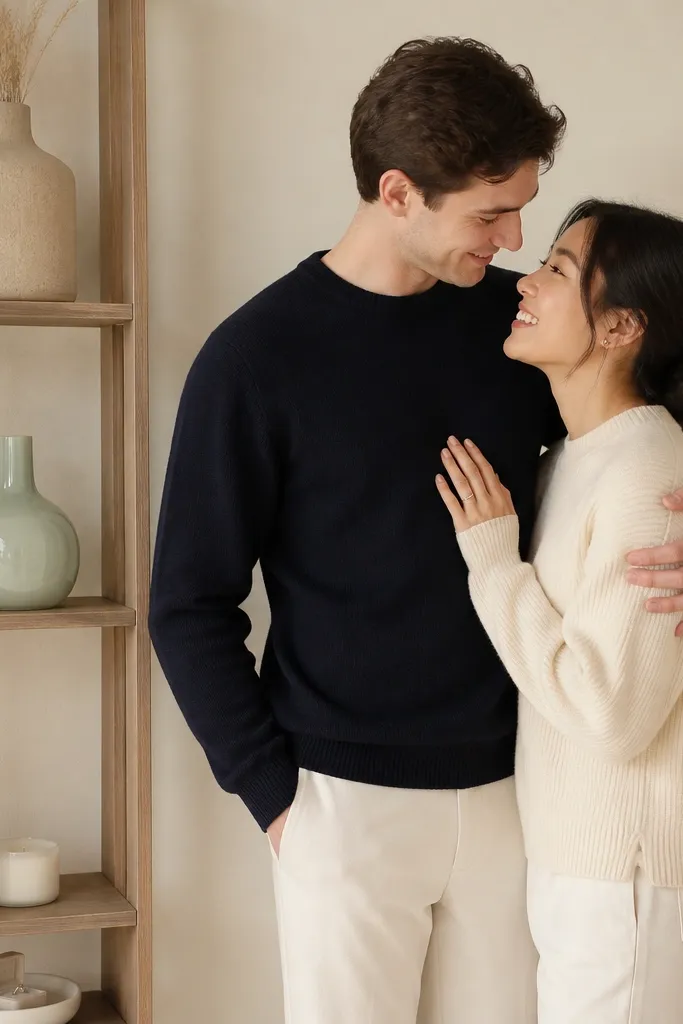 A narrow plant shelf against a wall with three color blocks: sand beige linen, sea-glass ceramic vase, and a small white candle. The couple stands in front, wearing cream and navy. The ring box is placed on the bottom shelf in a white ceramic dish.