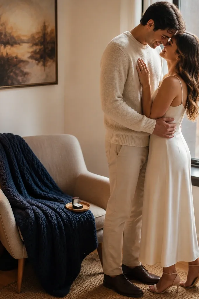 A small apartment corner with one chair draped in a soft navy knit throw. A warm lamp sits beside it, and a small tray with the ring box rests on the chair seat. The couple stands close, wearing cream tops and a light dress.