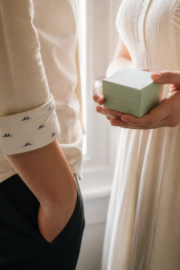 A close view of a couple standing near a window. One partner wears a cream shirt with a tiny navy wave print visible at the cuff. The other partner holds a small ring box wrapped in sea-glass paper. Warm daylight makes the fabric texture visible.