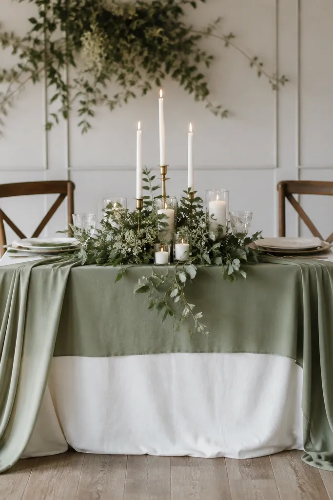 A small wedding table set with a sage green table runner that extends too far past both sides of the table, with overlapping greenery and candles packed near the center.