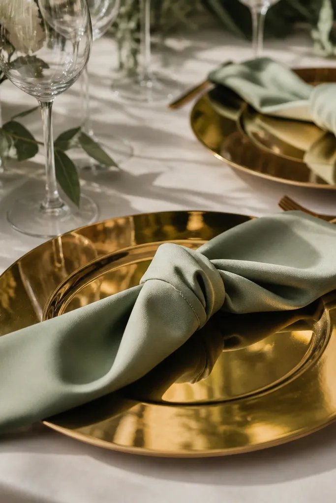 Table setting with shiny gold chargers under sage napkins, with harsh reflections visible on the plates and napkin folds.