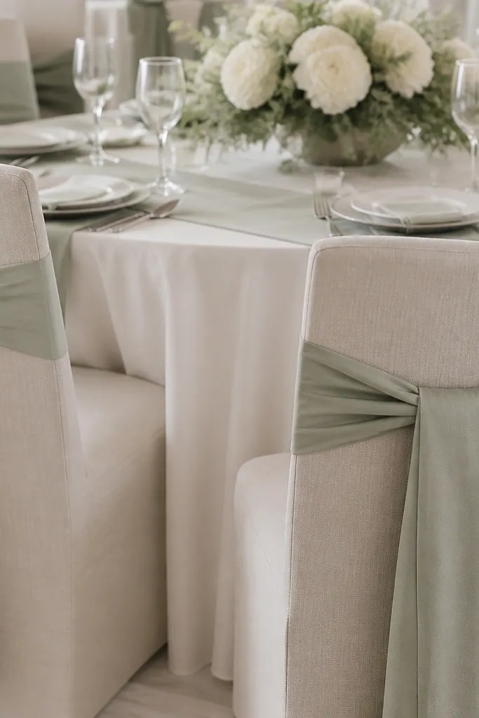 Sage ribbon looped around chair backs that blends into the fabric, with no contrast and flat-looking chair decor.