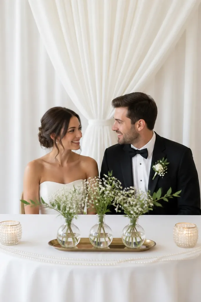 A small sweetheart table with a matte white crepe valance hanging behind the couple, slightly gathered in the center. The table has a simple white cloth and a thin pearl-beaded runner. Three bud vases line the center on a gold tray, with greenery and tiny white blossoms; two pearl-topped votives sit at the front.