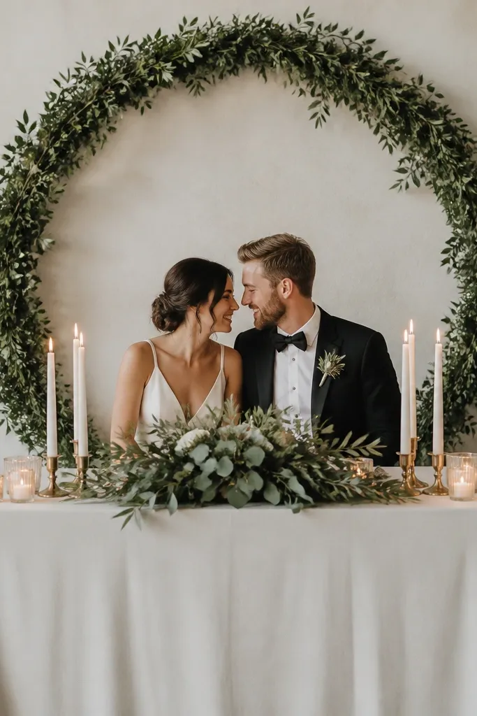 A sweetheart table framed by a tight circular greenery halo garland behind the couple. The table is dressed in cream linen with a centered low arrangement of eucalyptus and olive leaves. Two pairs of tall white tapers sit like "bookends" near the front, and small candle holders line the outer edges.