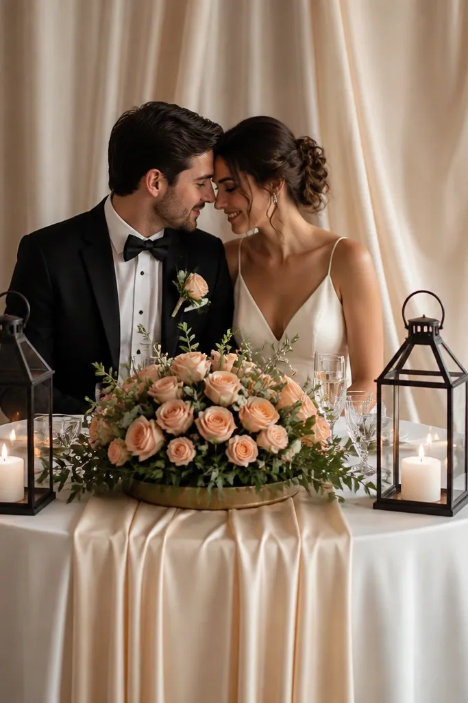 A small sweetheart table with a champagne satin runner draped lengthwise. The centerpiece is a low arrangement of peach spray roses and greenery in a round tray. Two black metal lanterns sit on either side of the tray, and the backdrop is a soft champagne fabric behind the couple.