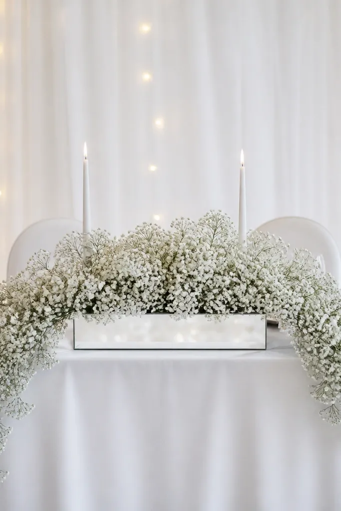 A sweetheart table in white linen with a mirrored acrylic rectangle base under a centerpiece. The centerpiece has cascading baby's breath that spills toward the front corners, and two tall white tapers stand in the back of the arrangement. The backdrop is a simple white drape with light string lights.