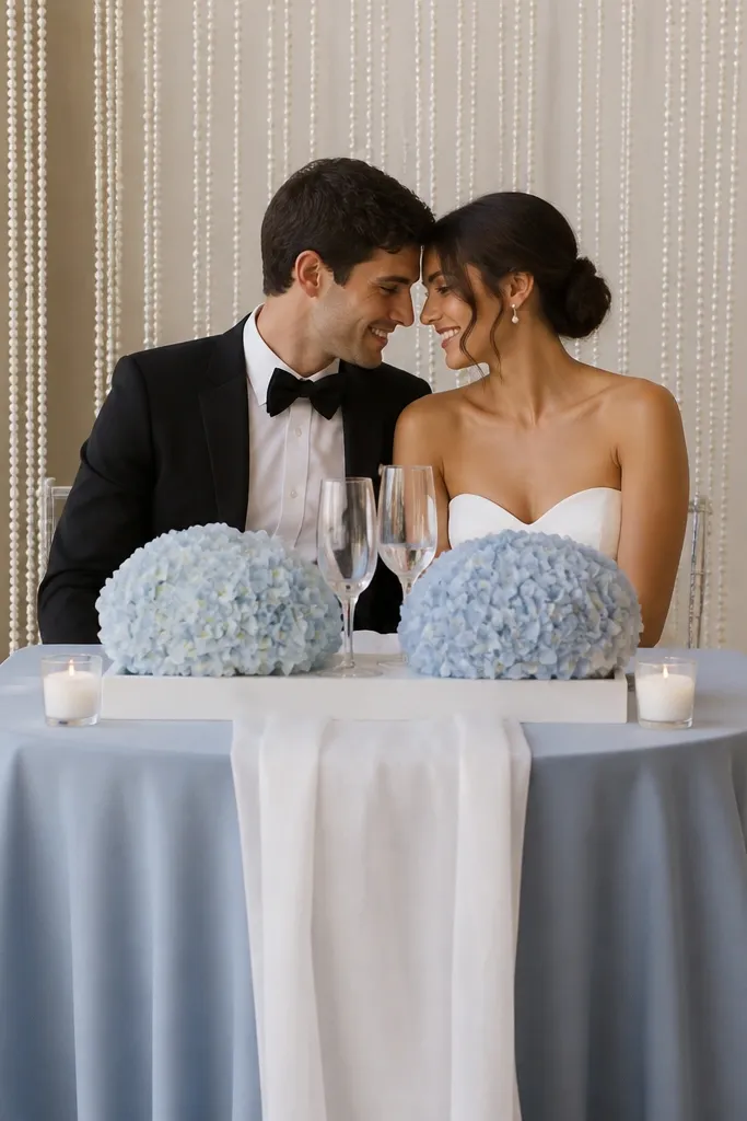 A small sweetheart table with a dusty blue tablecloth and a white runner. Behind the couple is a pearl string curtain draped in loose vertical lines. The centerpiece has two mini hydrangea mounds on a white tray, with small white candles at the front corners.