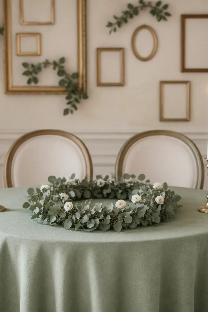 A small sweetheart table in sage linen. The centerpiece is an eucalyptus wreath ring in the center with a few small white flowers scattered inside. Brass picture frames sit behind the table on the backdrop wall, and two brass candle holders flank the wreath.