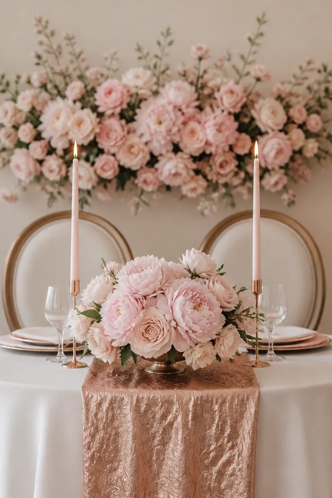 A small sweetheart table with a rose gold foil runner down the center. The centerpiece features blush peonies in a low arrangement, and two tapers look like they're floating above the flowers in slim rose gold holders. The backdrop is a blush floral spray behind the chairs, tight and centered.