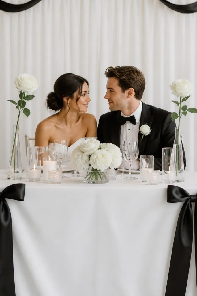A small sweetheart table with a crisp white tablecloth and a black satin ribbon tied into two big bows on the front corners. The centerpiece holds two single-stem statement roses in tall vases, one on each side of the center line. Behind the couple is a white backdrop with black ribbon accents.