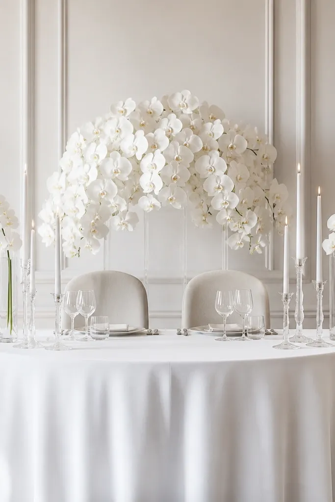 A small sweetheart table with a white tablecloth and a centered clear acrylic riser holding white orchids. The orchids are arranged in a tight halo shape behind the chairs, and two clear vases flank the center. The candles are white tapers in clear holders for a clean, monochrome look.