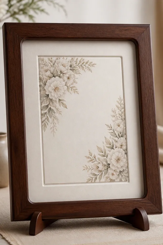 A dark walnut wooden wedding card frame with a smooth finish and rounded inner edge. Inside, a cream foam-mat board surrounds the invitation, and the whole frame sits on a small wooden stand near a beige table runner.