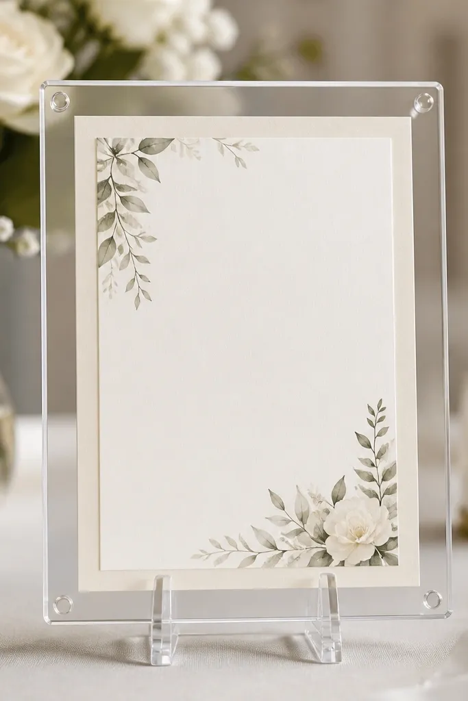 A clear acrylic wedding card frame with visible corners and a thin pearl-white edge tape along the border. The invitation card is centered behind the acrylic, and it sits on a transparent stand.