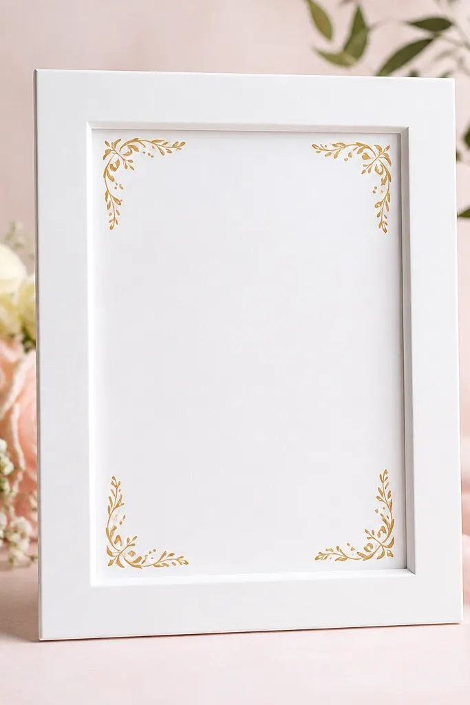 A bright white MDF wedding card frame with subtle hand-painted gold designs at the four inner corners. The card sits on a white mat, and the frame looks clean and minimal on a pastel table.