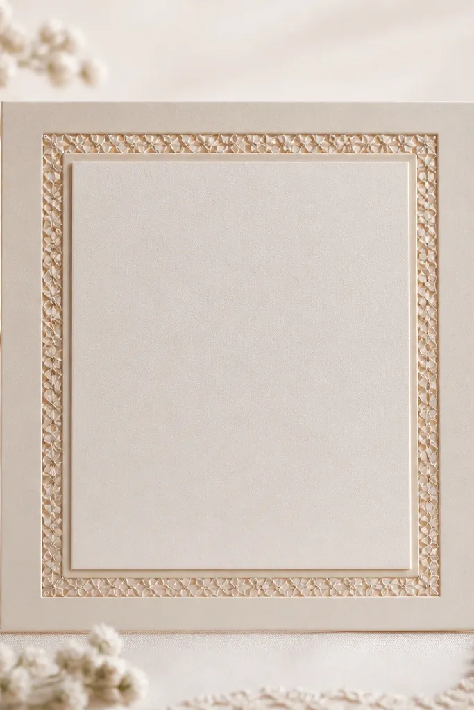 A small wedding card frame with a narrow champagne-beige beaded jali pattern around the inner edge. The invitation sits in the center on a light mat, and the beads catch light around the corners.