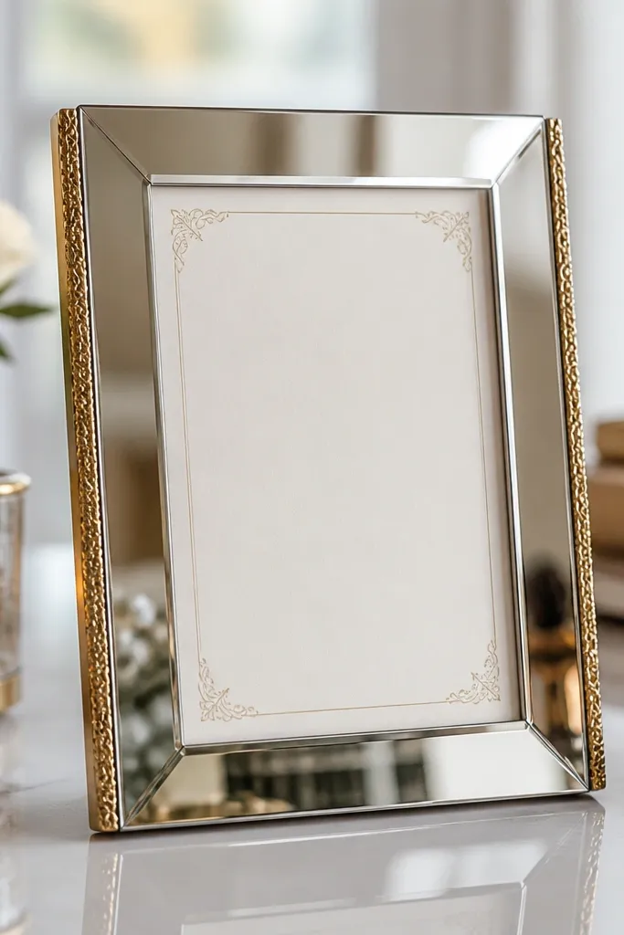 A sleek mirror-finish wedding card frame with reflective edges, paired with antique gold trim only on the sides. The invitation is centered, and the frame reflects the table decor subtly.