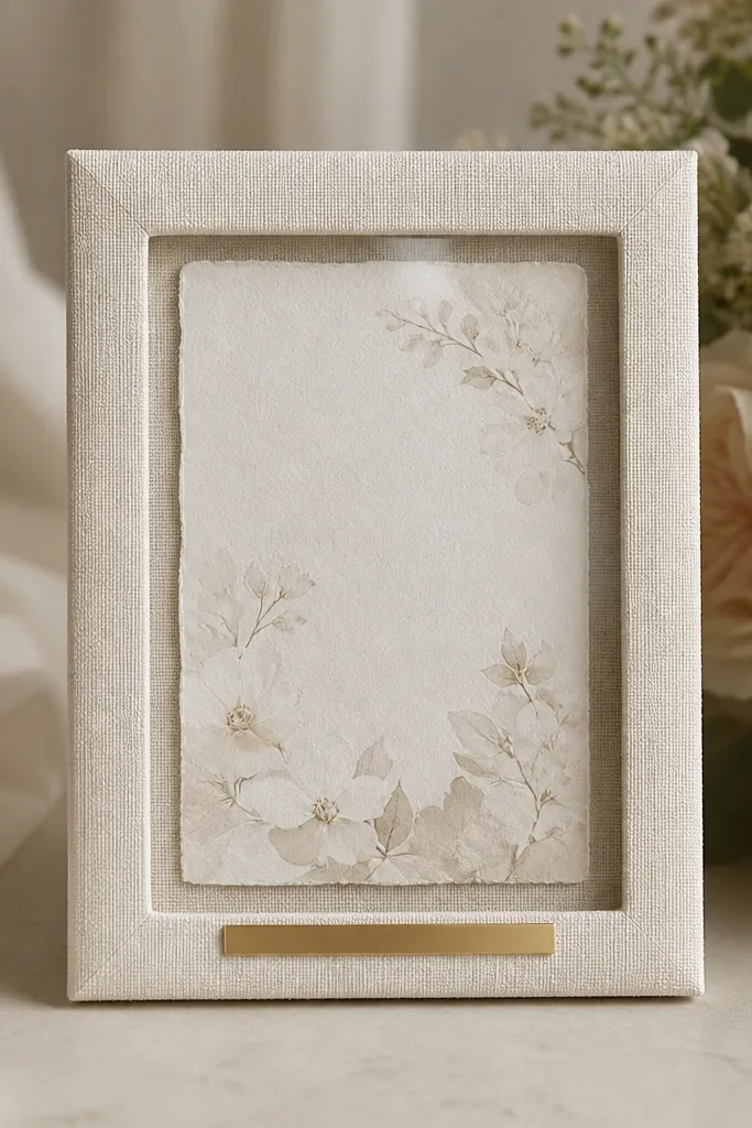A small wedding card frame wrapped in ivory linen fabric, with a thin gold strip label at the bottom. The invitation is behind glass, and the linen texture is visible around the edges.