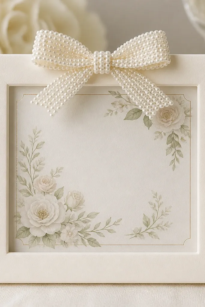 A small wedding card frame with a plain ivory border and a pearl-bead ribbon bow attached at the top center. The invitation is inside behind clear glass, and the bow sits neatly with symmetrical loops.