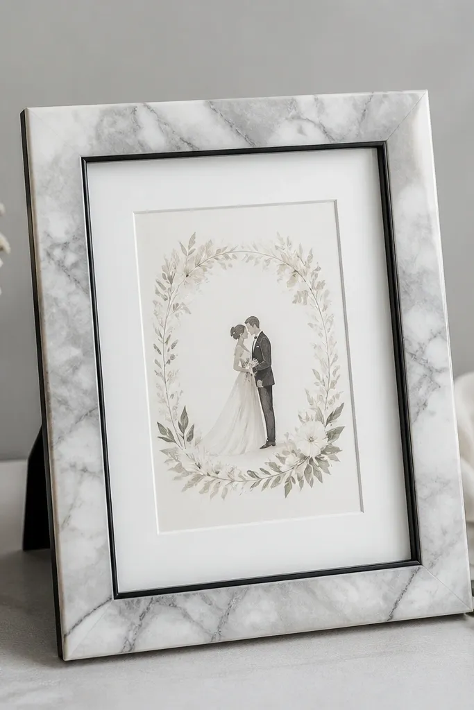 A small wedding card frame with marble-look resin in soft grey and white, finished with a thin black line along the inner edge. The invitation is centered with a white mat behind glass, and the frame sits on a light grey surface.