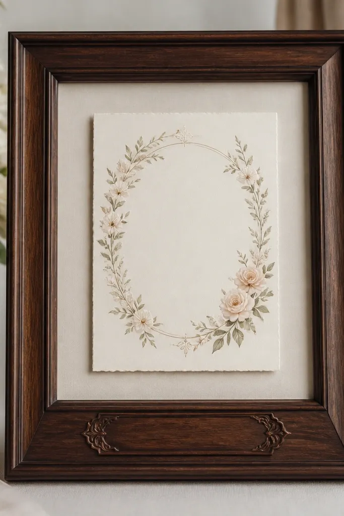 A rosewood-toned wedding card frame with a smooth finish and a small engraved name panel at the bottom inside the frame. The invitation is centered on a cream mat, and the panel looks carved, not pasted.