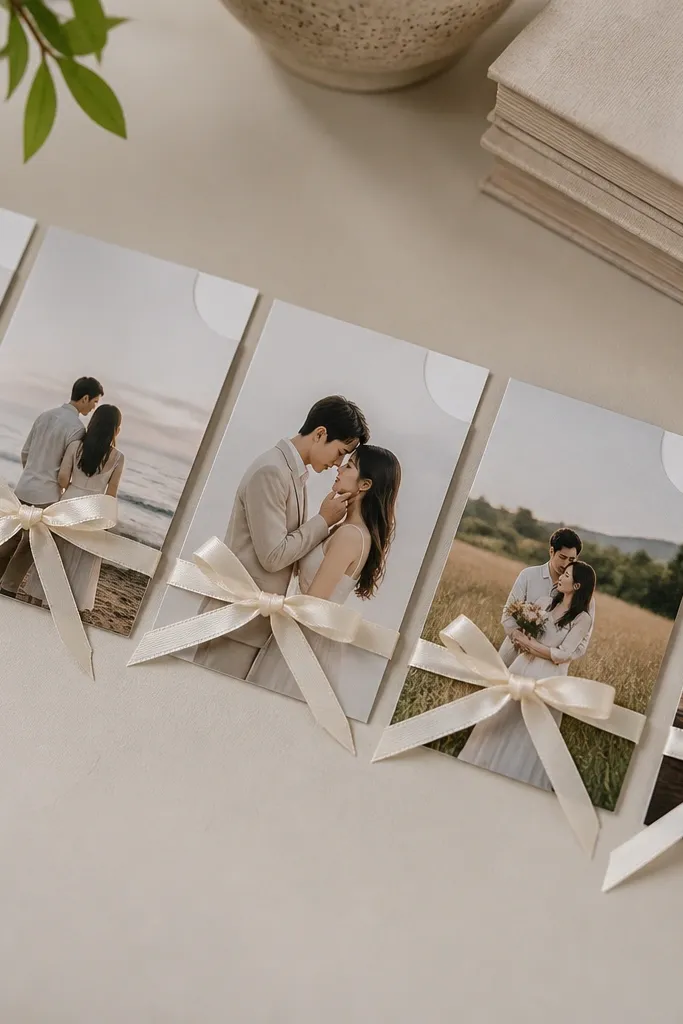 A row of small photo cards (about 3x4 inches) on a desk, each with a printed couple photo on matte cardstock, a tiny peel-off corner sticker at the top right, and a thin ivory ribbon tied into a bow.