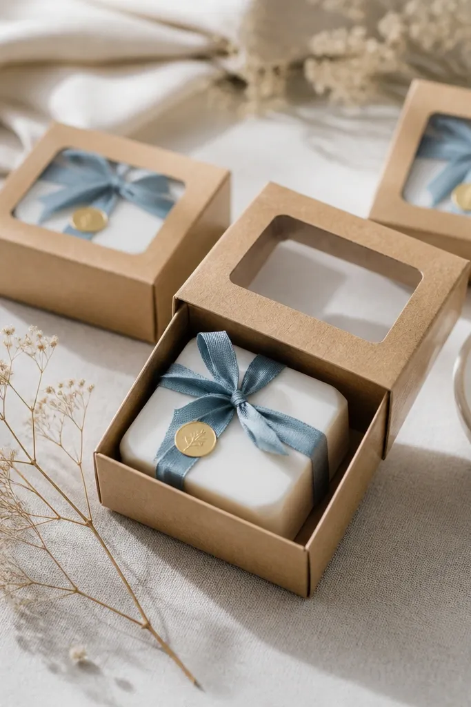 Small kraft boxes with a clear window flap, each containing a white mini bar soap wrapped in ribbon (dusty blue) and finished with a tiny gold sticker label on top.