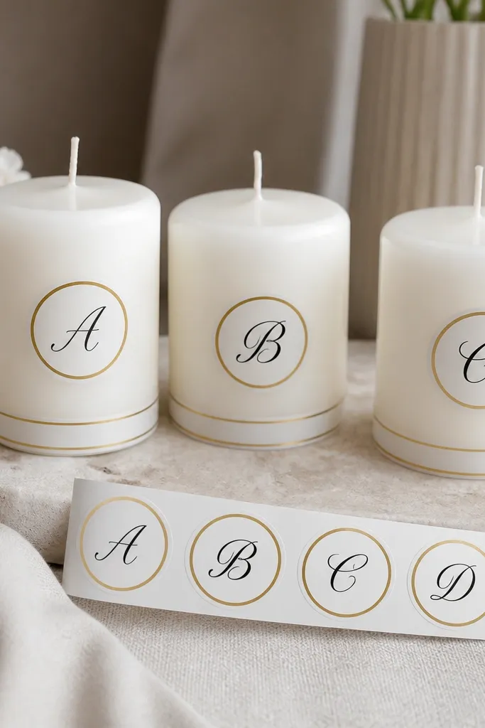 A set of small round labels on white candles: names or initials in black script with a thin gold border, plus a matching label strip for the candle base.