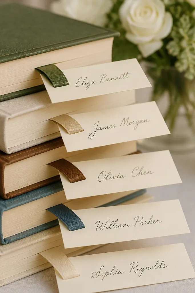 A stack of small hardcover books with ribbon bookmarks sticking out, each bookmark holding a cream escort card with a guest name in black ink.