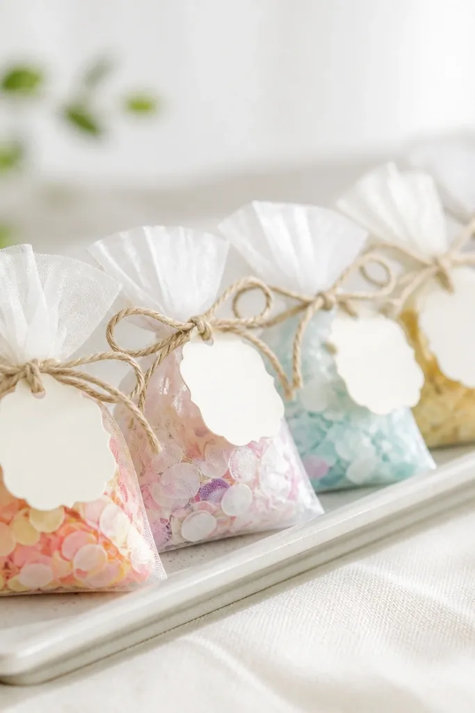 Small organza bags filled with colorful confetti, each tied with twine and labeled with a name tag sticker, lined up on a tray.