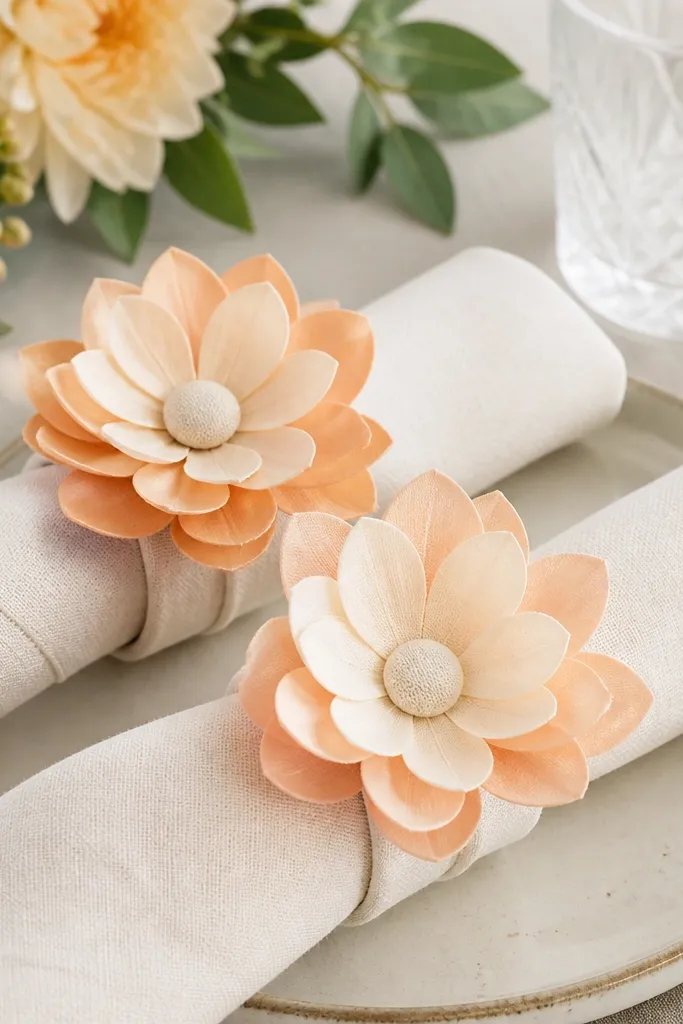 Napkin rings made from layered paper petals in peach and ivory, each with a small fabric button in the center, wrapped around rolled napkins on a table.