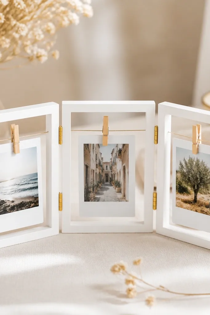 A set of mini thin-wood frames, each painted white with a small gold hinge, with a polaroid photo clipped inside using mini clothespins.