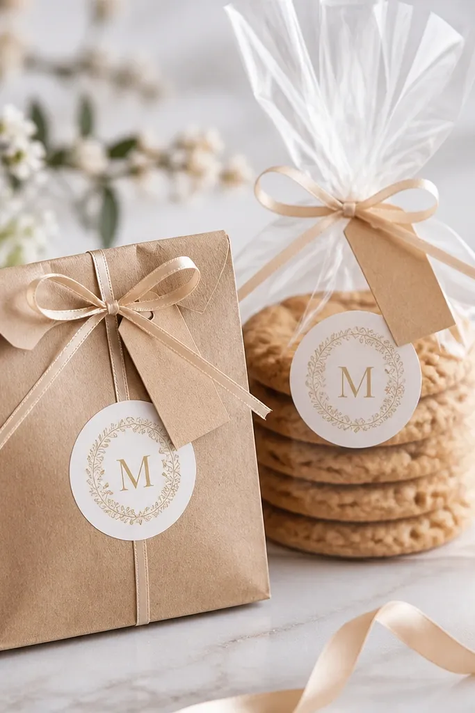 kraft and clear cellophane favor bags sealed with round monogram stickers in gold ink, with a thin ribbon tie and matching mini label tags.