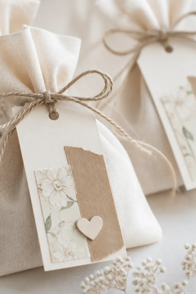 Small tags (2x3 inches) with layered paper strips, a tiny heart punch-out, and a black handwritten 'Thank you' on a cream tag, tied to favor bags with twine.