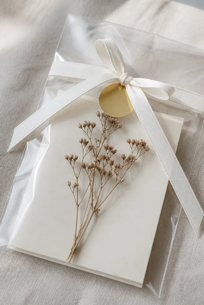 A clear acetate sleeve holding a small folded card and a tiny dried herb sprig, with a white ribbon tied around the top and a small gold sticker seal.