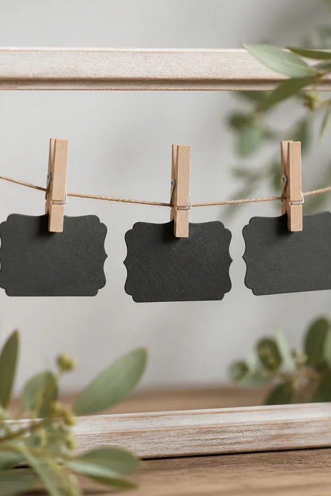 Clothespins clipped to a thin string line across a small frame, holding small chalkboard-style cardstock place cards with names in white chalk marker.
