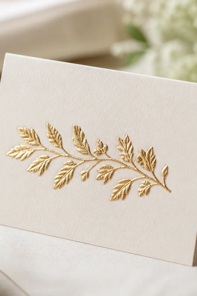 Cream cardstock place cards with raised gold lettering, made with an embossing powder look, photographed close-up showing crisp raised text.