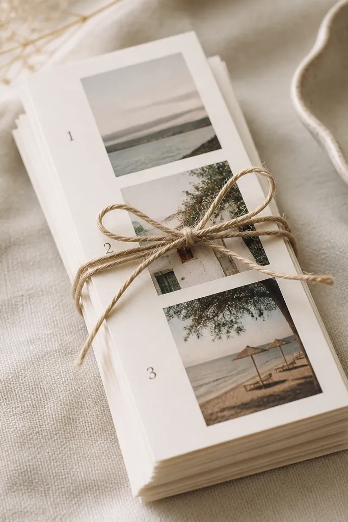 A small stack of photo strip cards (like 2x6 inches) with three photo boxes each and numbered captions '1, 2, 3' in the margins, tied with string.