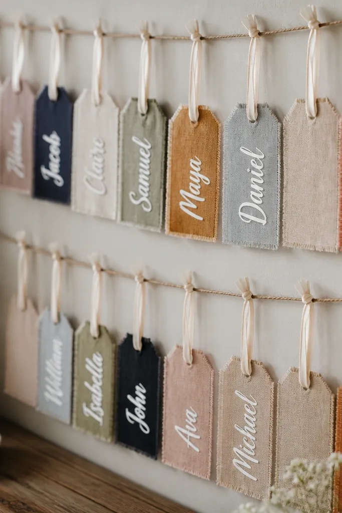 A close-up of small fabric tags made from 2x4 inch cotton scraps, each tag tied with a thin satin ribbon loop. The names are cut from white iron-on vinyl and pressed onto the fabric. The tags hang from a simple twine line above a small entry table, with neatly spaced rows of guests' names.