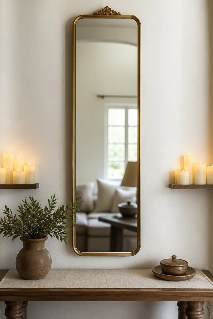 A tall, narrow gold-framed wall mirror mounted on a white wall. Two rows of small battery LED candle lamps sit on either side at about waist height, casting a warm glow. A simple linen runner covers a narrow console table beneath the mirror.