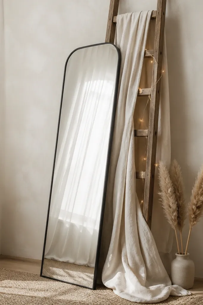 A tall rectangular mirror leaning against a wooden ladder. The ladder is wrapped with off-white linen drape that falls in soft folds. Small string lights are tucked along the ladder rungs, and a couple of dried pampas stems sit at the base.